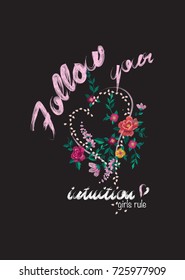 Embroidery floral pattern with roses, heart and slogan Don't steal my flowers. Vector embroidered bouquet with flowers for t shirt and wearing design.