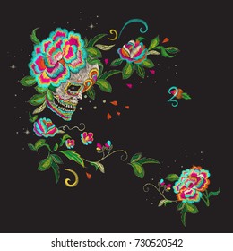 Embroidery floral pattern with skull and roses. Vector embroidered mexican patch with flowers for wearing design