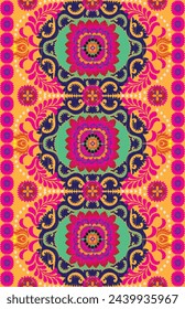 Embroidery floral pattern. Uzbekistan suzani ornament for textile.Design with flower,leaf motif on yellow backgroud. Design is perfect for adding to home decorative, fashion, embroidery and fabric.