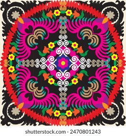 Embroidery floral pattern. Uzbekistan suzani ornament.Design with flower,leaf,native element on black color backgroud. Design is perfect for adding to home decorative and fashion, embroidery, fabric.