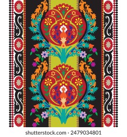 Stickerei Blumenmuster. Usbekistan suzani ornament.Design mit Blume, Blatt, natives Element auf Kalk, schwarzer Hintergrund. Design ist perfekt, um zu Hause dekorative und Mode, Stickereien, Stoff hinzuzufügen.