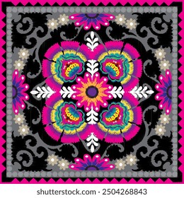 Embroidery floral pattern. Uzbekistan suzani ornament.Design with flower,leaf,native element on grey color background. Design is perfect for adding to home decorative and fashion,embroidery, fabric.	
