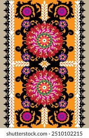 Embroidery floral pattern. Uzbekistan suzani ornament.Design with flower,leaf,native element on yellow backgroud. Design is perfect for adding to home decorative,fashion, embroidery and fabric.