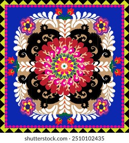 Embroidery floral pattern. Uzbekistan suzani ornament.Design with flower,leaf,native element on blue backgroud. Design is perfect for adding to home decorative,fashion, embroidery and fabric.