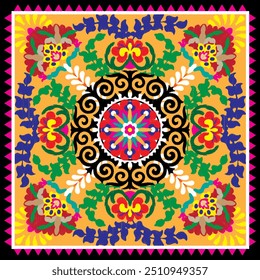 Embroidery floral pattern. Uzbekistan suzani ornament.Design with flower,leaf,native element on yellow,black background. Design is perfect for adding to home decorative,fashion,embroidery and fabric.