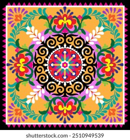 Embroidery floral pattern. Uzbekistan suzani ornament.Design with flower,leaf,native element on yellow,black background. Design is perfect for adding to home decorative,fashion, embroidery and fabric.