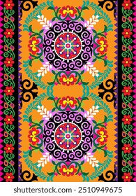 Embroidery floral pattern. Uzbekistan suzani ornament.Design with flower,leaf,native element on yellow,black background. Design is perfect for adding to home decorative,fashion, embroidery and fabric.