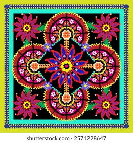 Embroidery floral pattern. Uzbekistan suzani ornament.Design with flower,leaf,native element on green color background. Design is perfect for adding to home decorative,fashion,embroidery and fabric.