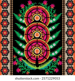 Embroidery floral pattern. Uzbekistan suzani ornament.Design with flower,leaf,native element on black color background. Design is perfect for adding to home decorative,fashion,embroidery and fabric.