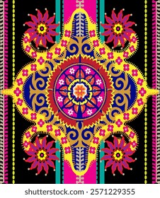 Embroidery floral pattern. Uzbekistan suzani ornament.Design with flower,leaf,native element on black color background. Design is perfect for adding to home decorative,fashion,embroidery and fabric.