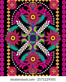 Embroidery floral pattern. Uzbekistan suzani ornament.Design with flower,leaf,native element on black color background. Design is perfect for adding to home decorative,fashion,embroidery and fabric.