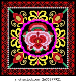 Embroidery floral pattern. Uzbekistan suzani ornament.Design with flower,leaf,native element on black color background. Design is perfect for adding to home decorative,fashion,embroidery and fabric.