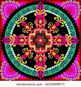 Embroidery floral pattern. Uzbekistan suzani ornament.Design with flower,leaf,native element on red color background. Design is perfect for adding to home decorative,fashion,embroidery and fabric.