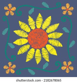 Patrón de bordado floral. Vector del sol lindo Flor sobre fondo azul para el diseño