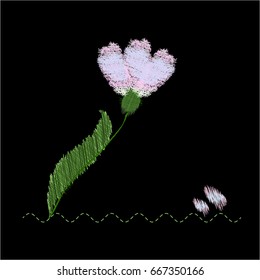 Embroidery floral pattern with white and red blossoms. Vector embroidered flower with a leaf on black for clothing design. Hand made design illustration. Modern trendy fashion design elements.