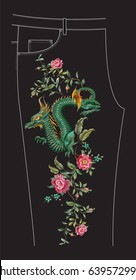 Embroidery floral pattern with wild roses and dragon. Vector traditional oriental template with embroidered flowers and animal on black background for fashion jeans design.