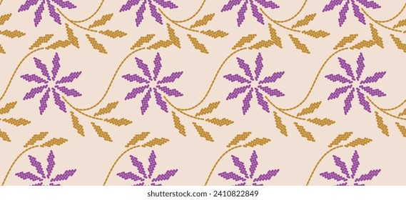 Embroidery floral purple, yellow. pattern on fabric, embellishing neckline, decorat the skirt, adorning sleeves with flower embroidery. The sweet, beautiful floral embroidery. Ethnic flower motive.