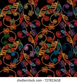 Embroidery floral seamless pattern . Baroque grunge background. Vector tapestry arras texture.  Vintage antique colorful damask ornaments. Embroidered flowers, scroll leaves. Ornate luxury design.