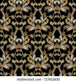 Embroidery floral seamless pattern . Baroque grunge background. Vector tapestry  texture. Vintage antique gold silver damask Baroque ornaments. Embroidered flowers, scroll leaves. Embroidery design