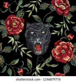 Embroidery floral seamless pattern with black Panther and red roses. Vector embroidered elements with flowers for wearing design.