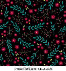 Embroidery floral seamless pattern with branches, flowers and berries on black background. Vector fashion ornament