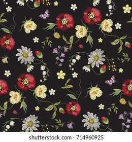 Embroidery floral seamless pattern with butterfly and flowers. Vector embroidered illustration for textile and wearing design.