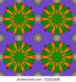 Embroidery floral seamless pattern. Colorful grunge flourish abstract background with color green, violet and orange flowers. Vector texture for prints, fabric, wallpapers, textile.