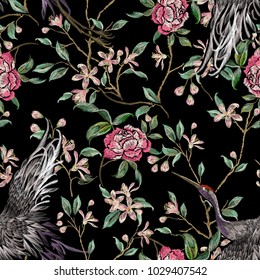 Embroidery floral seamless pattern with crane, japanese tree and roses . Vector traditional design set with flowers for wearing.