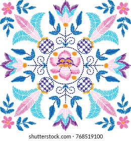 Embroidery floral seamless pattern, decorative textile ornament, pillow or bandana decor. Bohemian handmade style background design.