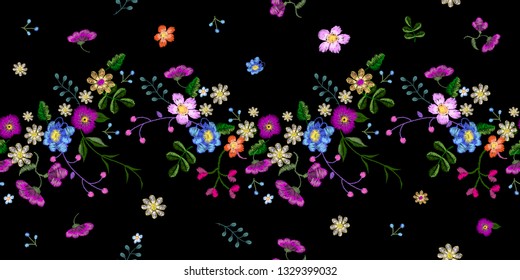 Embroidery floral seamless pattern with fancy flowers. Vector traditional design set with flowers for wearing.
