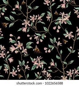 Embroidery floral seamless pattern with japanese tree and bees. Vector traditional design set with flowers for wearing