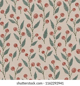 Embroidery floral seamless pattern on linen cloth texture  for textile, home decor, fashion, fabric.  stitches imitation  