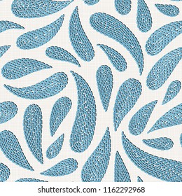 Embroidery floral seamless pattern on linen cloth texture  for textile, home decor, fashion, fabric.  stitches imitation  