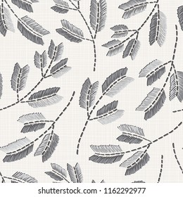 Embroidery floral seamless pattern on linen cloth texture  for textile, home decor, fashion, fabric.  stitches imitation  