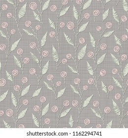 Embroidery floral seamless pattern on linen cloth texture  for textile, home decor, fashion, fabric.  stitches imitation  