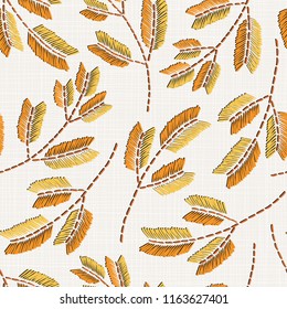 Embroidery floral seamless pattern on linen cloth texture  for textile, home decor, fashion, fabric.   