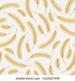 Embroidery floral seamless pattern on linen cloth texture  for textile, home decor, fashion, fabric.  stitches imitation  