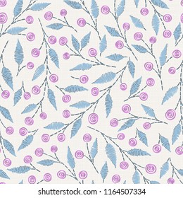 Embroidery floral seamless pattern on linen cloth texture  for textile, home decor, fashion, fabric.  stitches imitation  