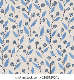 Embroidery floral seamless pattern on linen cloth texture  for textile, home decor, fashion, fabric.  stitches imitation  