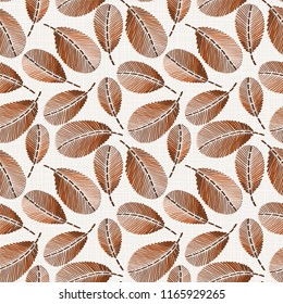 Embroidery floral seamless pattern on linen cloth texture  for textile, home decor, fashion, fabric.  stitches imitation  