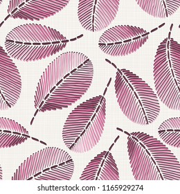 Embroidery floral seamless pattern on linen cloth texture  for textile, home decor, fashion, fabric.  stitches imitation  