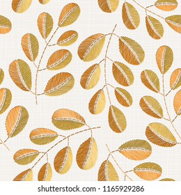 Embroidery floral seamless pattern on linen cloth texture  for textile, home decor, fashion, fabric.   