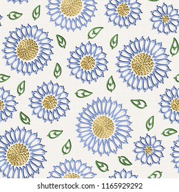 Embroidery floral seamless pattern on linen cloth texture  for textile, home decor, fashion, fabric.  stitches imitation  