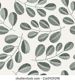 Embroidery floral seamless pattern on linen cloth texture  for textile, home decor, fashion, fabric.  stitches imitation  