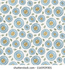 Embroidery floral seamless pattern on linen cloth texture  for textile, home decor, fashion, fabric.  stitches imitation  