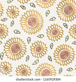 Embroidery floral seamless pattern on linen cloth texture  for textile, home decor, fashion, fabric.  stitches imitation  