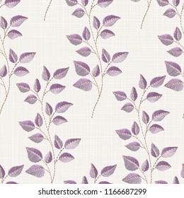 Embroidery floral seamless pattern on linen cloth texture  for textile, home decor, fashion, fabric.  stitches imitation  