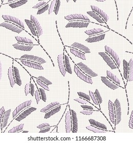 Embroidery floral seamless pattern on linen cloth texture  for textile, home decor, fashion, fabric.  stitches imitation  