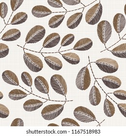 Embroidery floral seamless pattern on linen cloth texture  for textile, home decor, fashion, fabric.  stitches imitation  