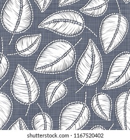 Embroidery floral seamless pattern on linen cloth texture  for textile, home decor, fashion, fabric.  stitches imitation  